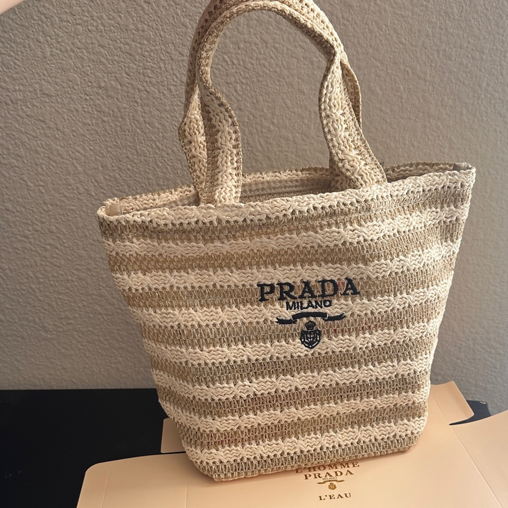 Prada Milano Beige Striped Crochet Tote Bag